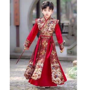 Boys hanfu kids red dragon chinese ancient folk dance costumes prince photos swordsman cosplay performance robe kimono dress